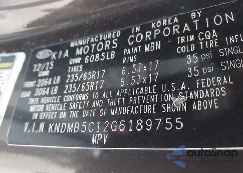 2016 Kia Sedona Lx z USA, uszkodzony, nr VIN KNDMB5C12G6189755